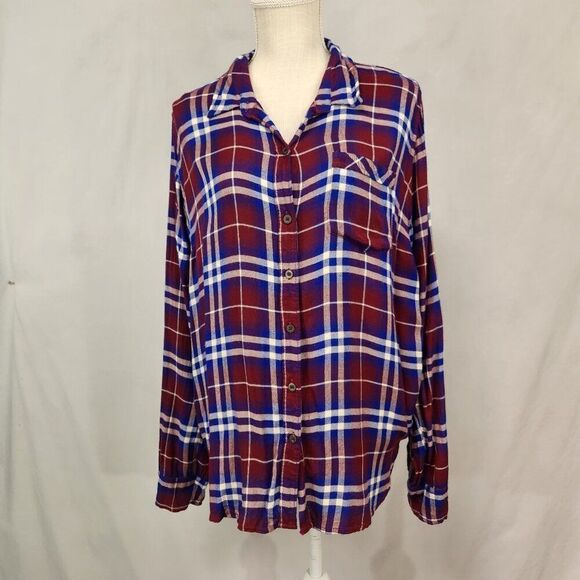 Lucky Brand Plaid Flannel Shirt Womens L Button Split Back Long Sleeve  Soft - Picture 1 of 7